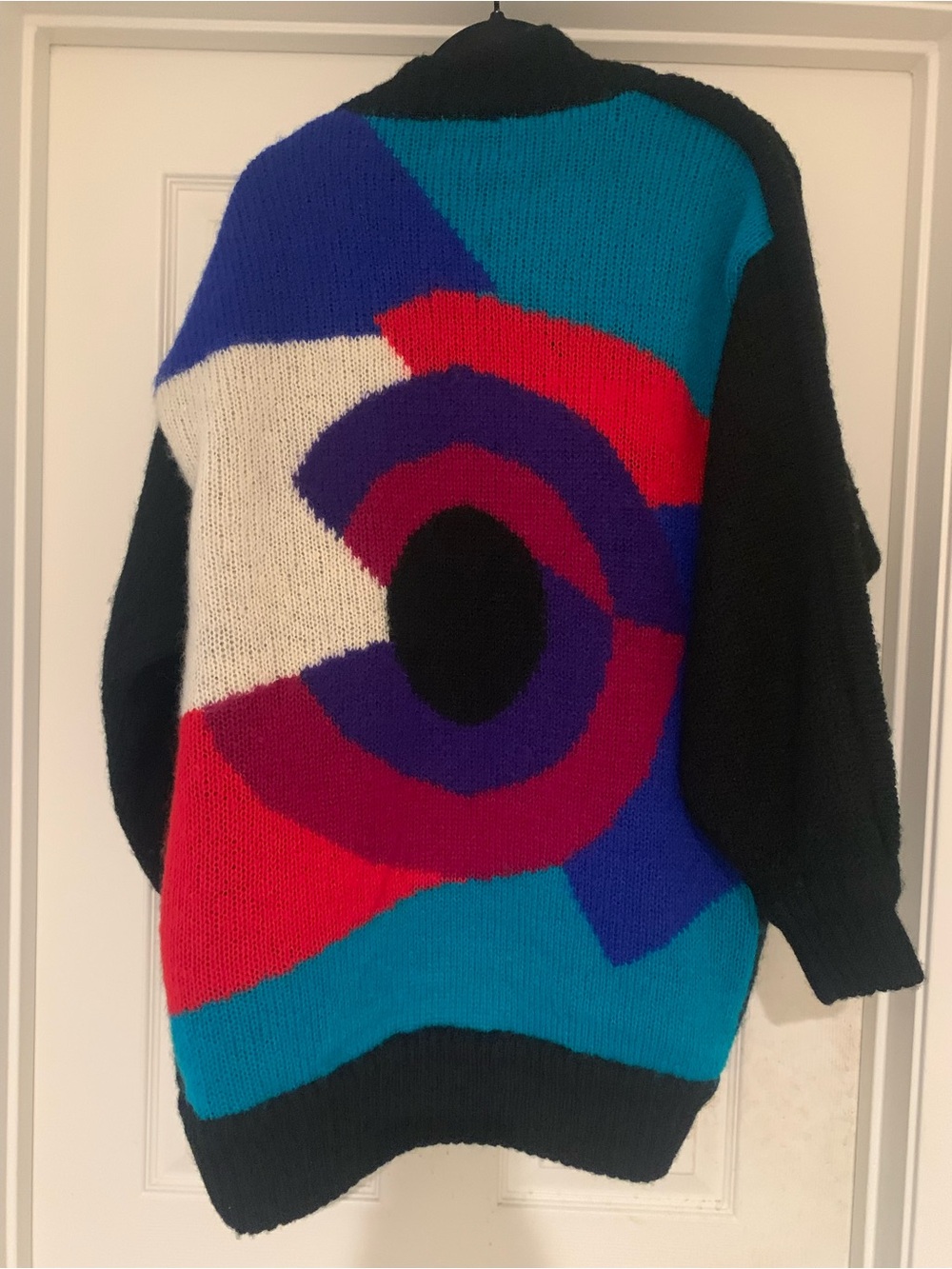 Vintage Mohair Wool  Cardigan with Pink and Blue Graphic Accents